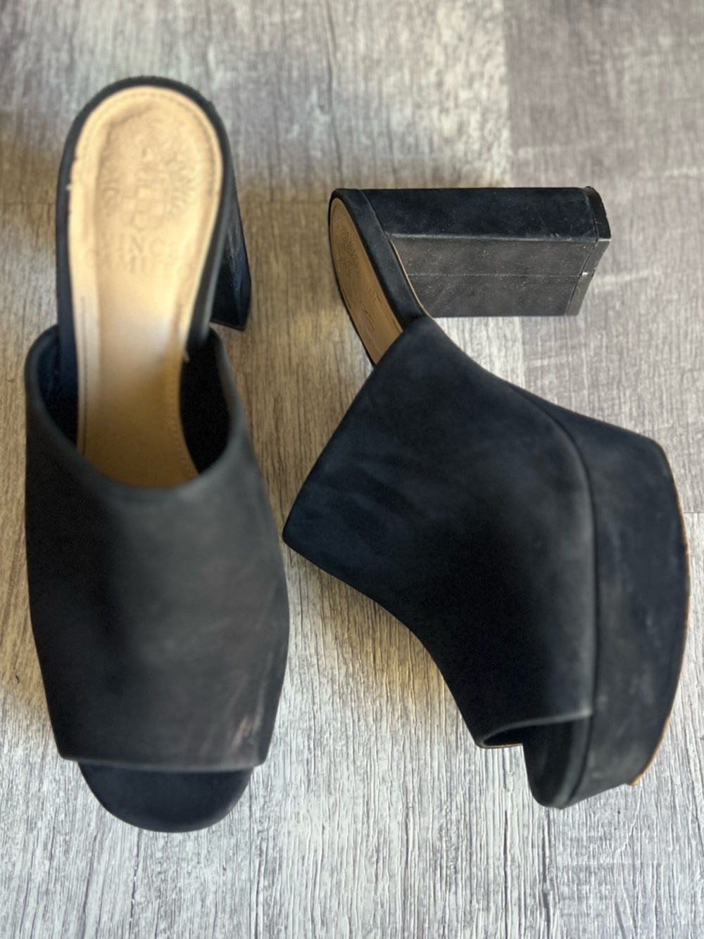 Vince Camuto Black Suede Platform Mules Open Toe Block Heel Slide Sandals Size 6